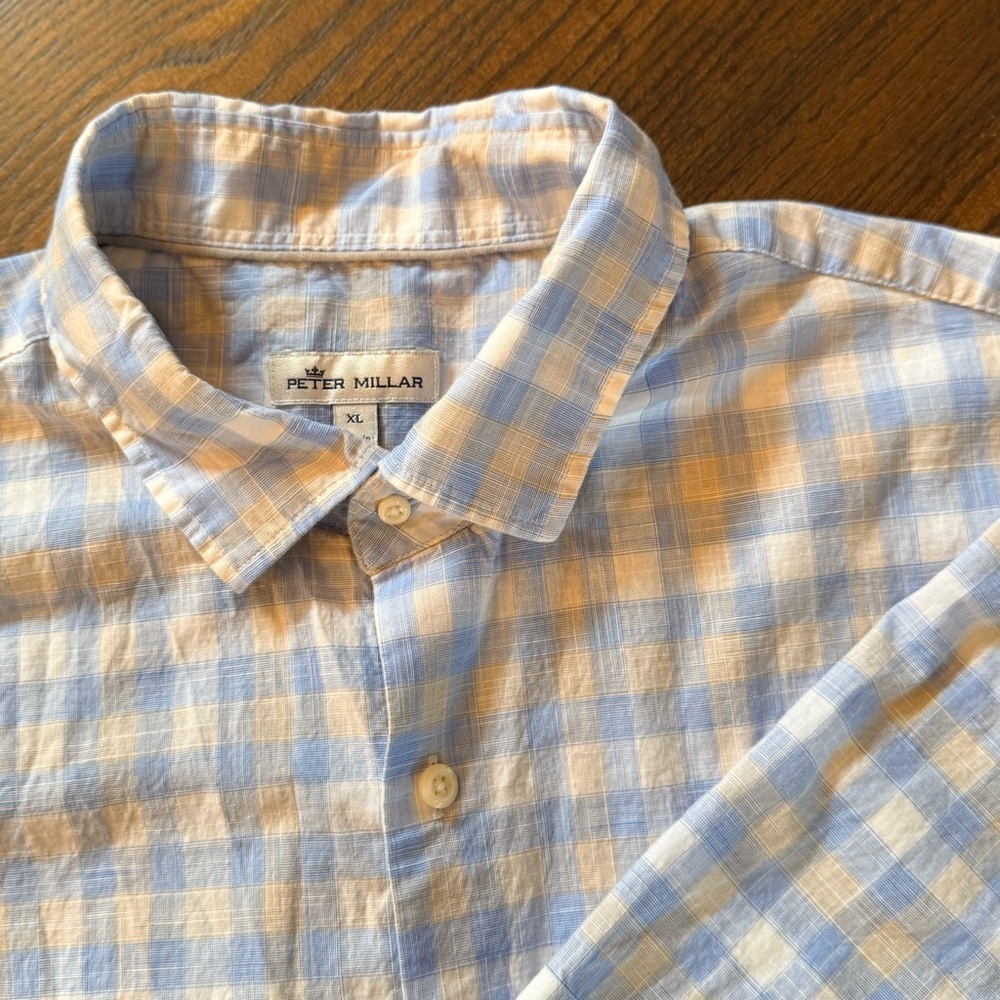 Peter Millar Light Blue and White Plaid Shirt. Size XL